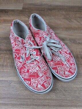 Vans Red Logo Shoes - Youth 7 Low-Top AOP Skate Sneakers All-Over Lace Up